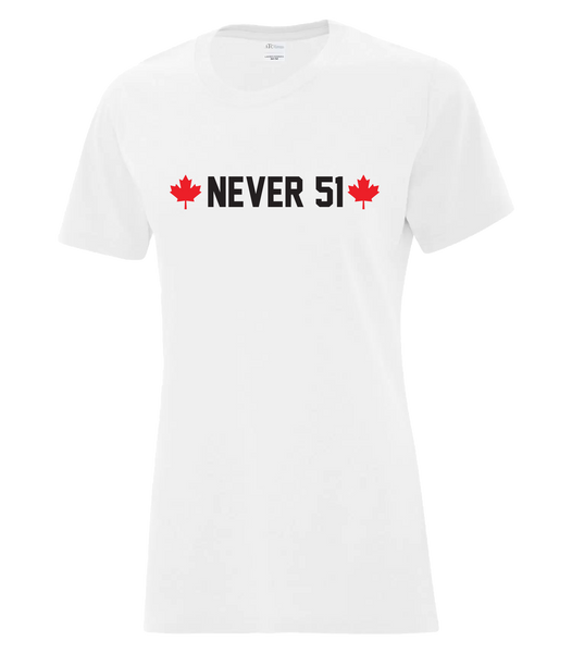"Never 51" Ladies Cotton T-Shirt with Printed logo