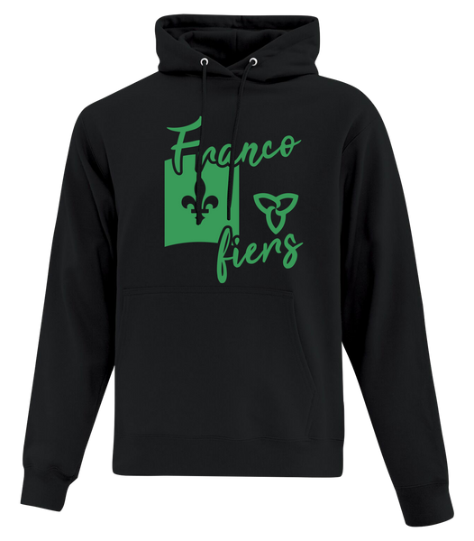 "Franco-Ontarian Flag Script" Adult Cotton Pull Over Hooded Sweatshirt with Printed Logo