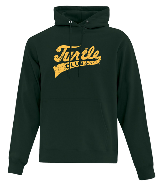 Turtle Club Script Distressed Adult Cotton Hoodie with Printed Logo