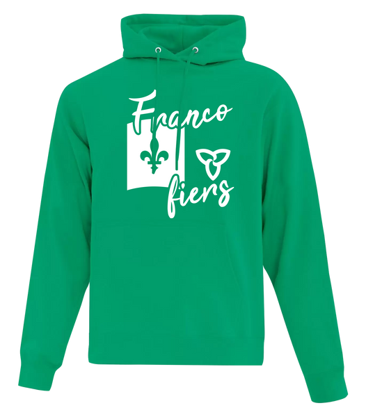 "Franco-Ontarian Flag Script" Adult Cotton Pull Over Hooded Sweatshirt with Printed Logo