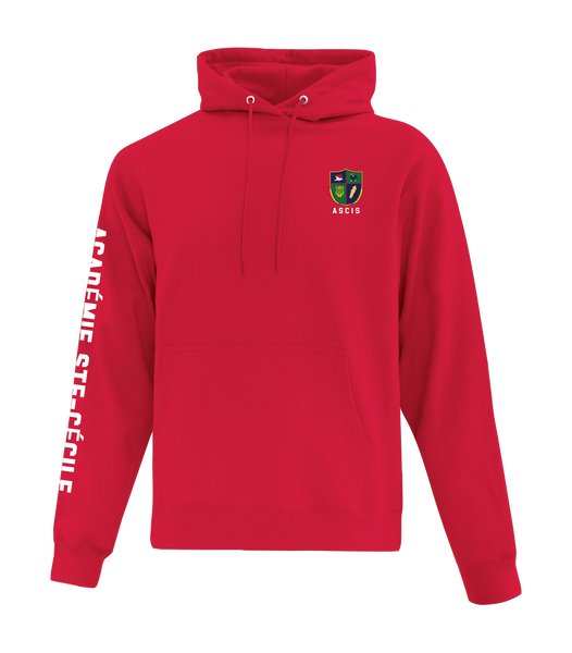 Académie Ste-Cécile Adult Cotton Pull Over Hooded Sweatshirt with Printed Crest Logo/ School Name Down Sleeve