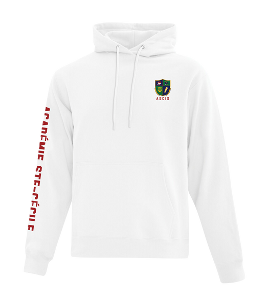 Académie Ste-Cécile Adult Cotton Pull Over Hooded Sweatshirt with Printed Crest Logo/ School Name Down Sleeve
