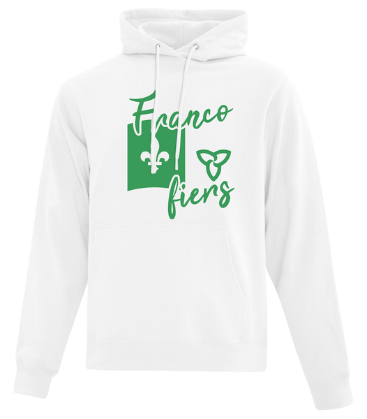"Franco-Ontarian Flag Script" Adult Cotton Pull Over Hooded Sweatshirt with Printed Logo