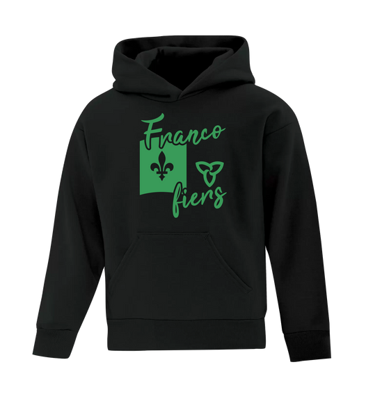 "Franco-Ontarian Flag Script" Youth Cotton Pull Over Hooded Sweatshirt with Printed Logo