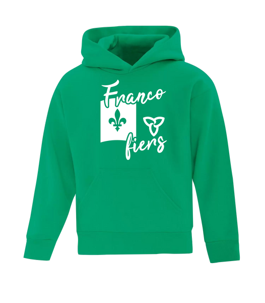 "Franco-Ontarian Flag Script" Youth Cotton Pull Over Hooded Sweatshirt with Printed Logo