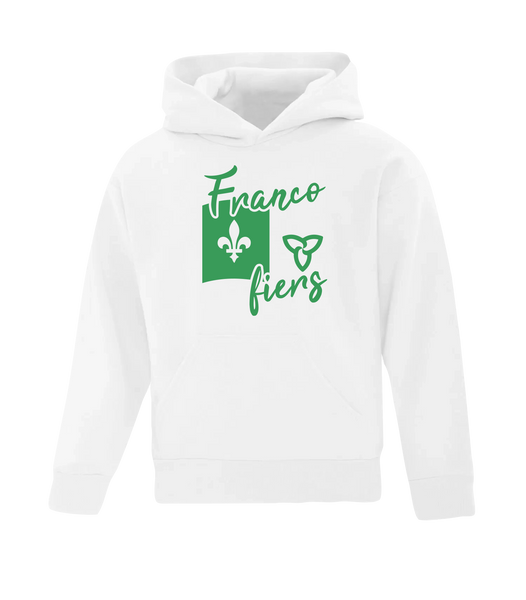 "Franco-Ontarian Flag Script" Youth Cotton Pull Over Hooded Sweatshirt with Printed Logo