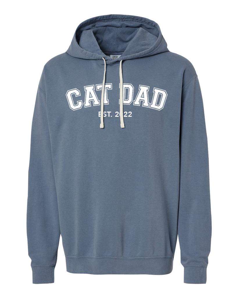 "Cat Dad EST." Adult Lightweight Fleece Hooded Sweatshirt with Printed Logo