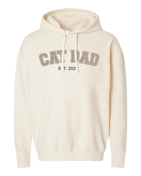 "Cat Dad EST." Adult Lightweight Fleece Hooded Sweatshirt with Printed Logo
