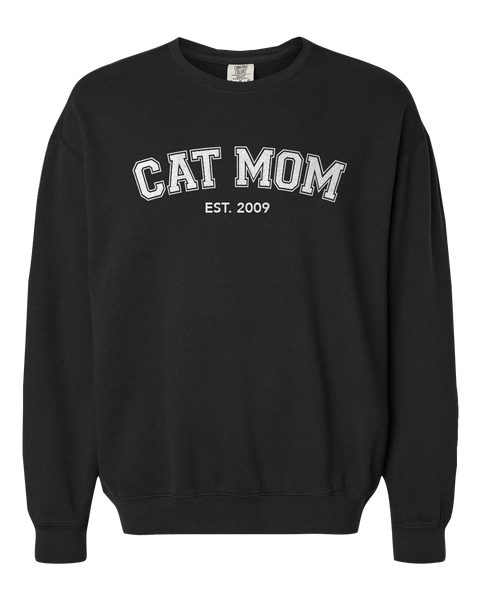 "Cat Mom EST." Adult Lightweight Cotton Crewneck Sweatshirt with Printed Logo