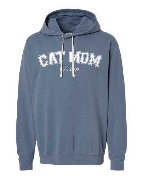 "Cat Mom EST." Adult Lightweight Fleece Hooded Sweatshirt with Printed Logo