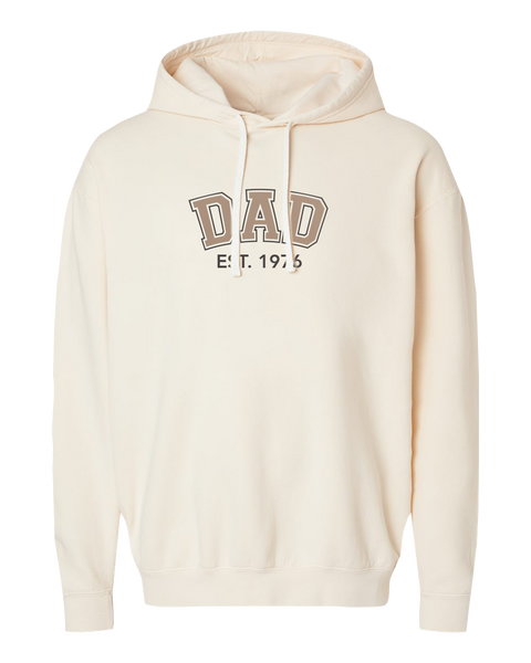 "Dad EST." Adult Lightweight Fleece Hooded Sweatshirt with Printed Logo