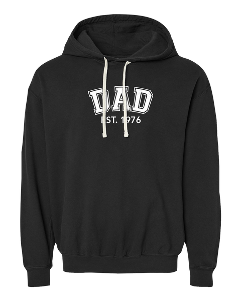 "Dad EST." Adult Lightweight Fleece Hooded Sweatshirt with Printed Logo