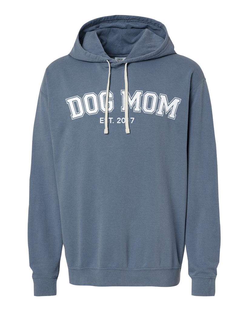 "Dog Mom EST." Adult Lightweight Fleece Hooded Sweatshirt with Printed Logo