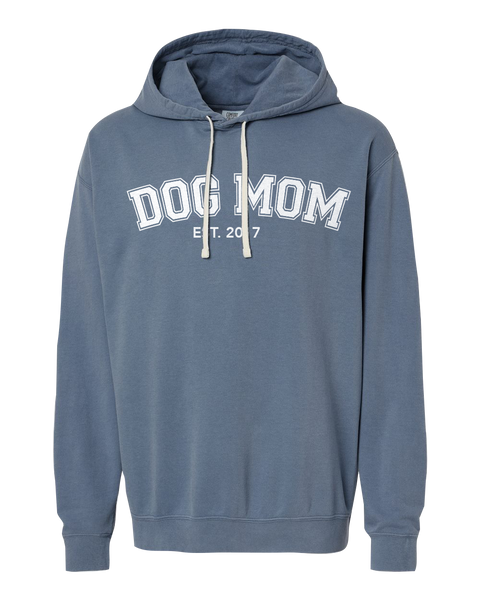 "Dog Mom EST." Adult Lightweight Fleece Hooded Sweatshirt with Printed Logo
