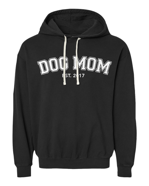 "Dog Mom EST." Adult Lightweight Fleece Hooded Sweatshirt with Printed Logo
