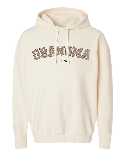 "Grandma EST." Adult Lightweight Fleece Hooded Sweatshirt with Printed Logo