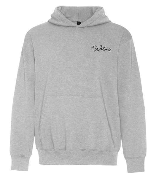 'Wolves' Script Adult Cotton Pull Over Hooded Sweatshirt with Embroidered Logo