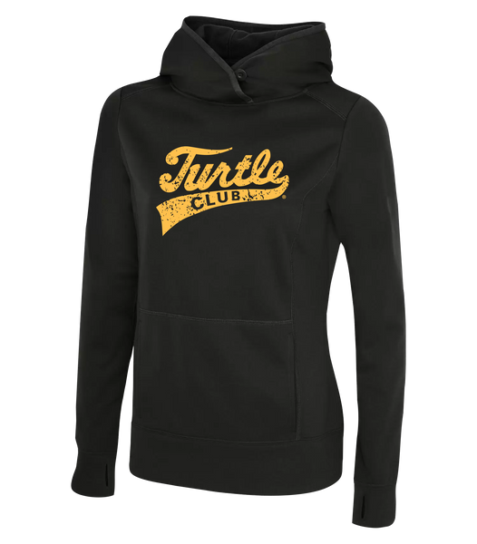 Turtle Club Script Distressed Ladies Dri-Fit Hoodie with Printed Logo