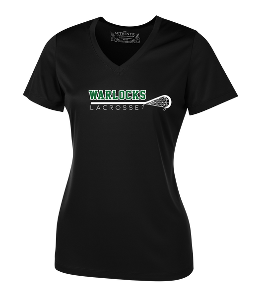 Warlocks Lacrosse Stick Ladies V-Neck Tee with Printed Lacrosse Logo