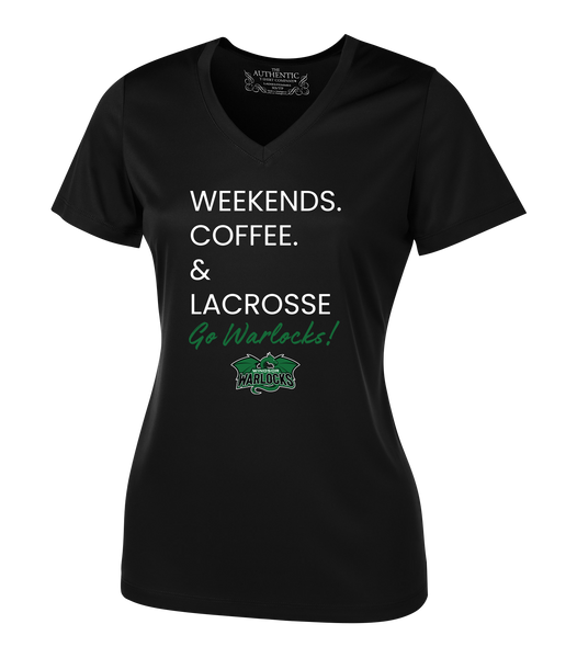 Windsor Warlocks Weekends. Coffee & Lacrosse Ladies V-Neck Tee with Printed Logo