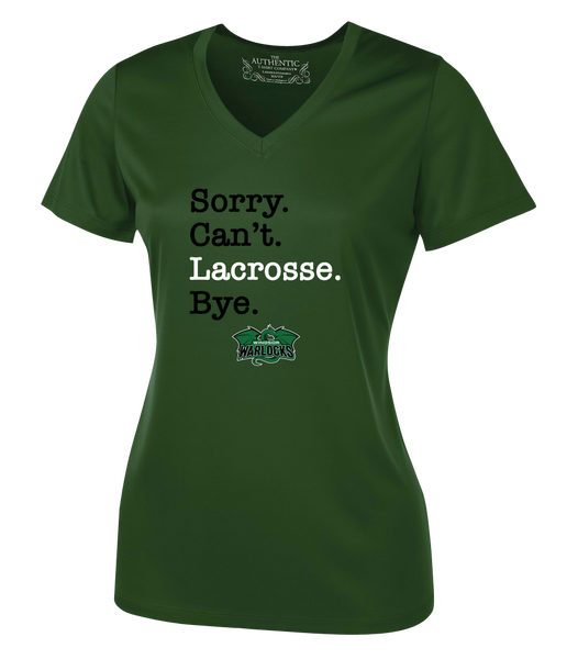 Windsor Warlocks Sorry. Can't. Lacrosse. Bye. Ladies V-Neck Tee with Printed Logo