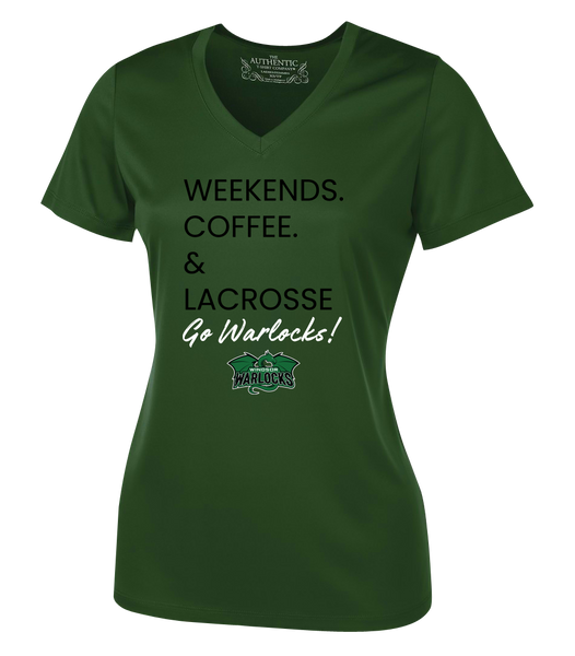 Windsor Warlocks Weekends. Coffee & Lacrosse Ladies V-Neck Tee with Printed Logo