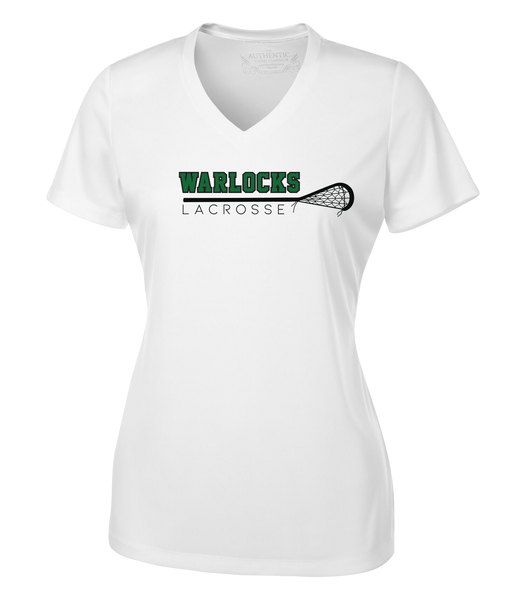 Warlocks Lacrosse Stick Ladies V-Neck Tee with Printed Lacrosse Logo