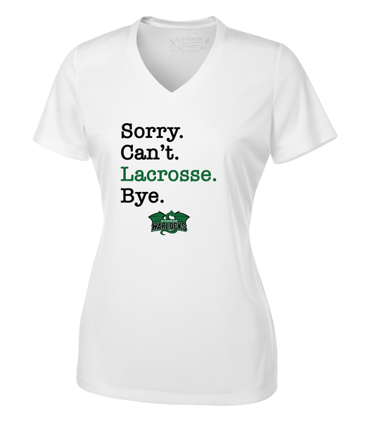 Windsor Warlocks Sorry. Can't. Lacrosse. Bye. Ladies V-Neck Tee with Printed Logo