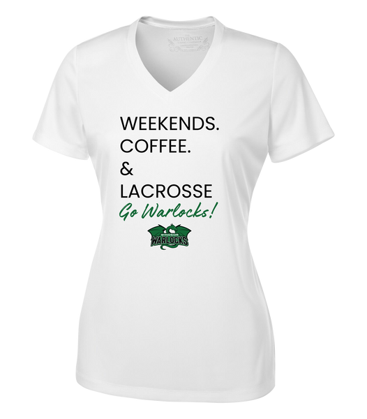 Windsor Warlocks Weekends. Coffee & Lacrosse Ladies V-Neck Tee with Printed Logo