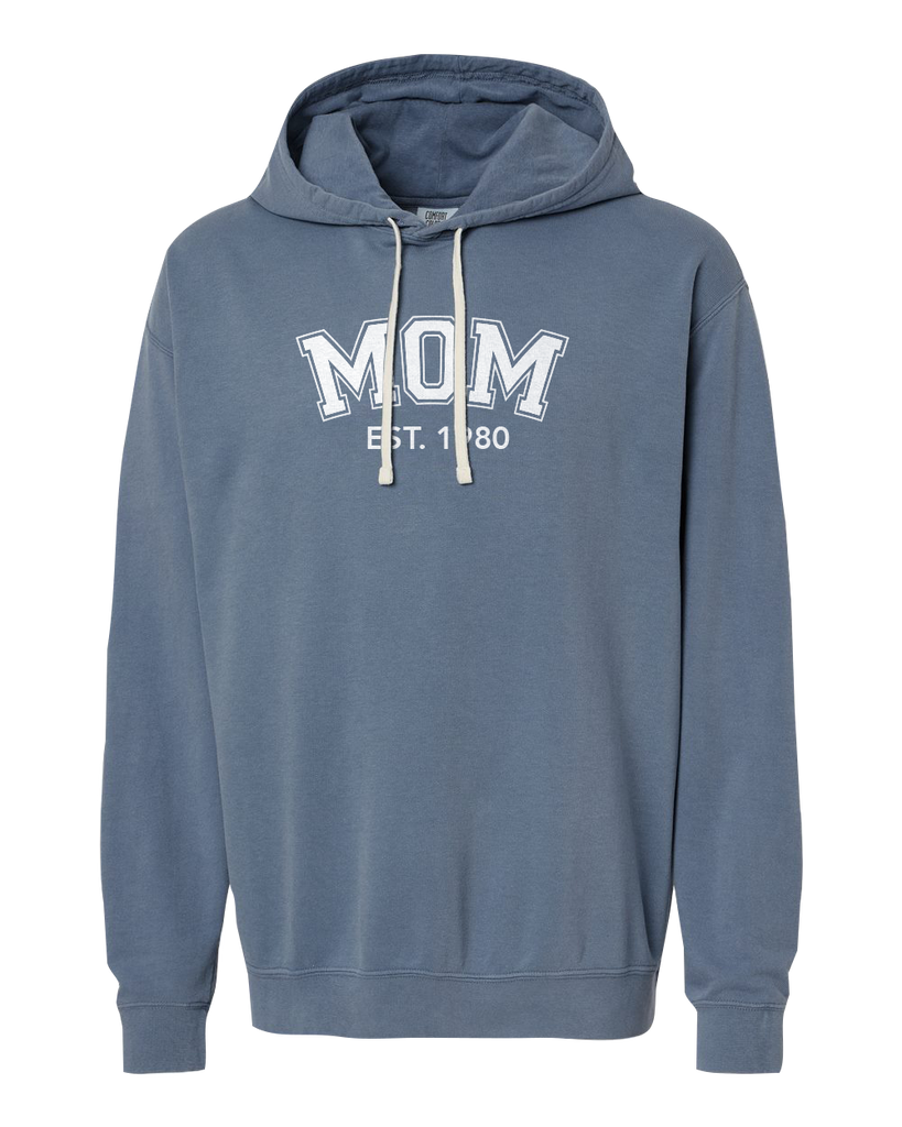 "Mom EST." Adult Lightweight Fleece Hooded Sweatshirt with Printed Logo