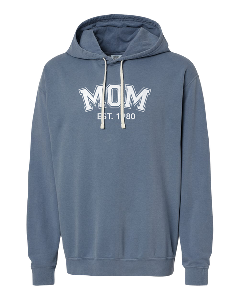 "Mom EST." Adult Lightweight Fleece Hooded Sweatshirt with Printed Logo