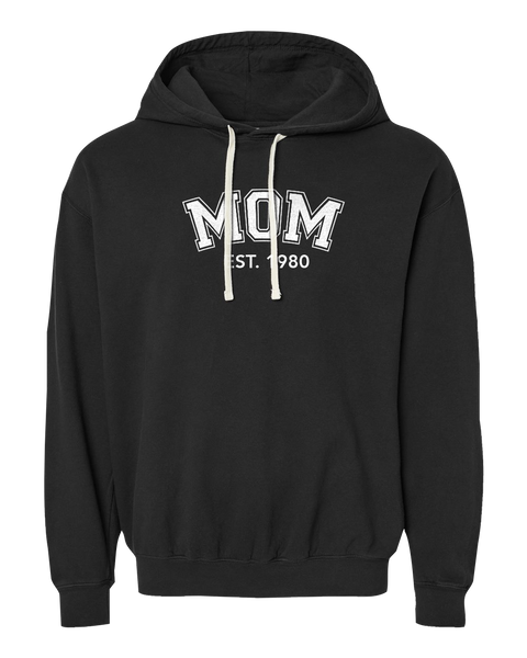 "Mom EST." Adult Lightweight Fleece Hooded Sweatshirt with Printed Logo