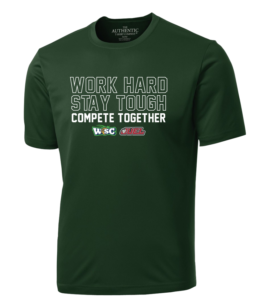 Work Hard, Stay Tough, Compete Together Adult Dri-Fit T-Shirt with Printed Logo
