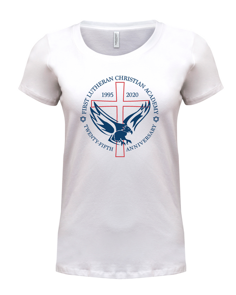 Ladies 25th Anniversary Stretch Scoop Short Sleeve with Printed Logo