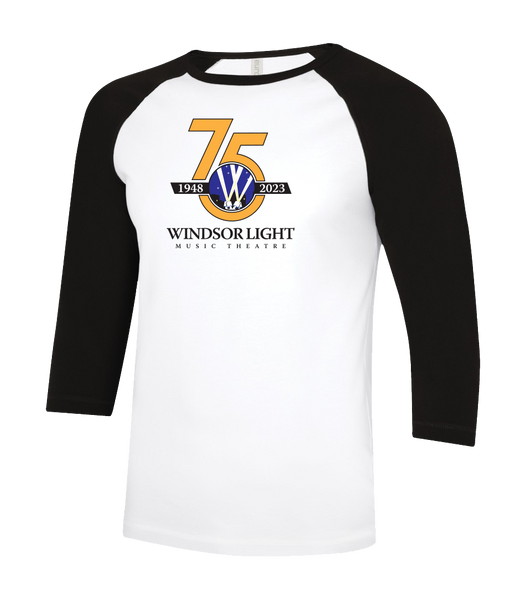 Windsor Light Music Theatre 75th Anniversary Adult Two Toned Baseball T-Shirt with Printed Logo