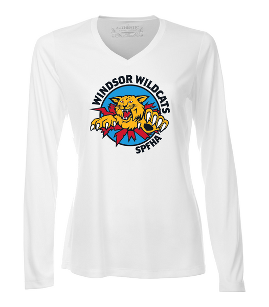 Wildcats Hockey Dri-Fit Long Sleeve Ladies V-Neck Tee with Full Colour Printing