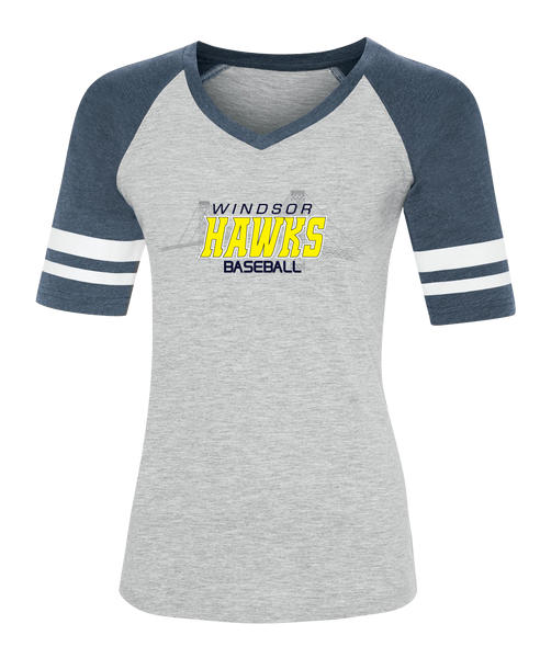Windsor Hawks Baseball Ladies Two Toned Baseball T-Shirt with Printed Logo