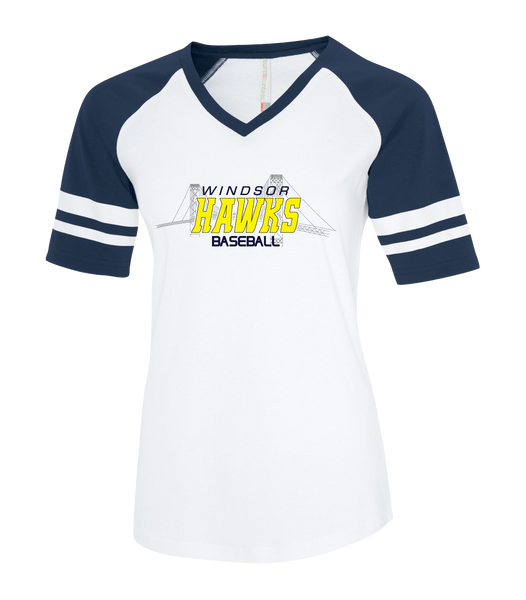 Windsor Hawks Baseball Ladies Two Toned Baseball T-Shirt with Printed Logo