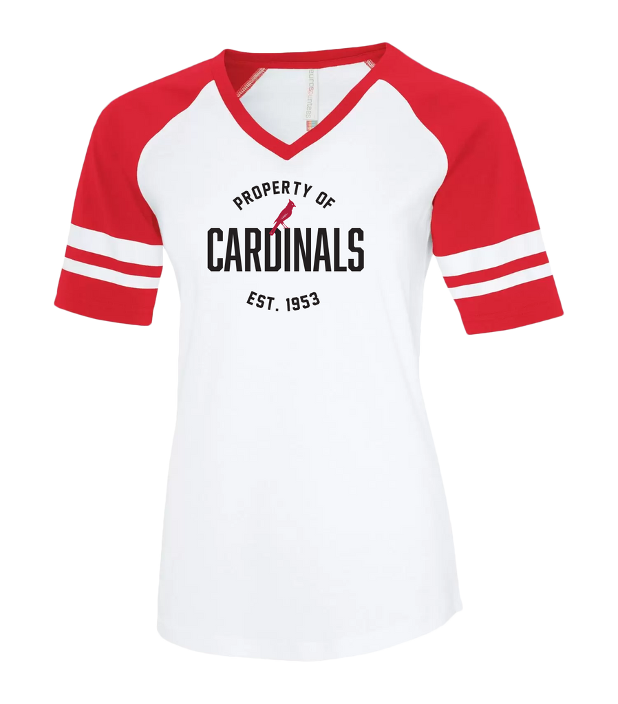 Cardinals Alumni Ladies Two Toned Baseball T-Shirt with Printed Logo