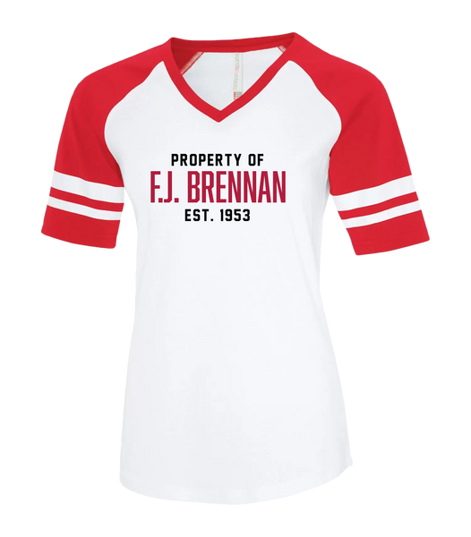Property of F.J. Brennan Ladies Two Toned Baseball T-Shirt with Printed Logo