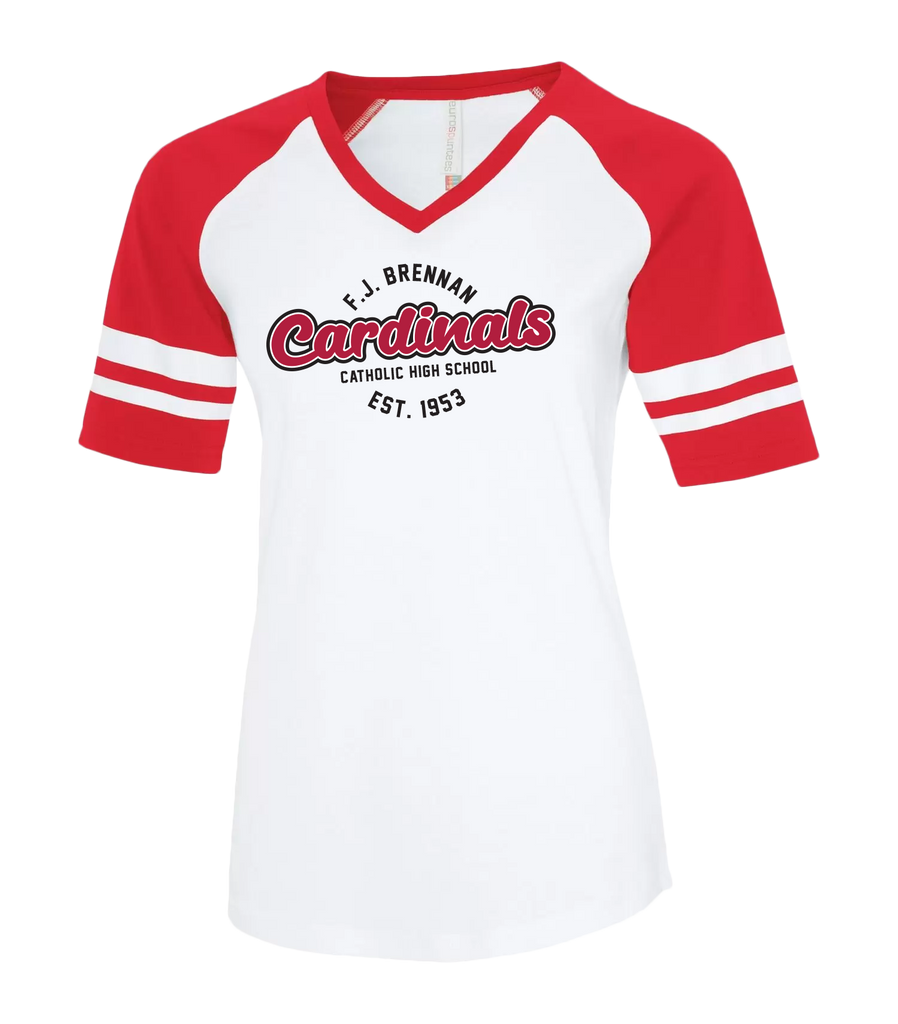 Brennan Cardinals Alumni Ladies Two Toned Baseball T-Shirt with Printed Logo