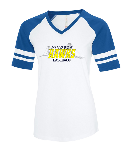 Windsor Hawks Baseball Ladies Two Toned Baseball T-Shirt with Printed Logo