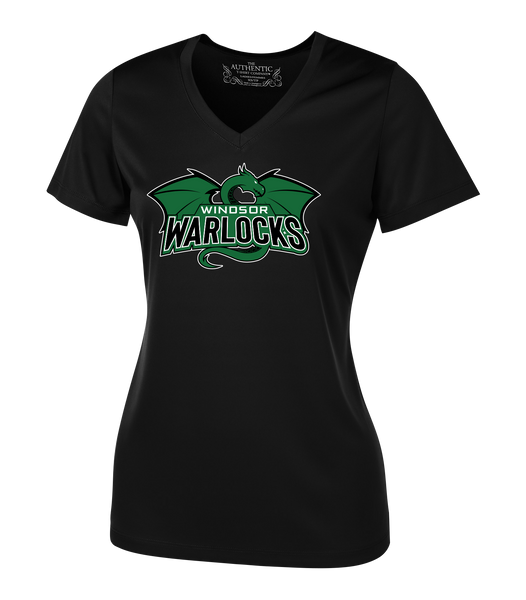 Warlocks Ladies V-Neck Tee with Printed Dragon Logo