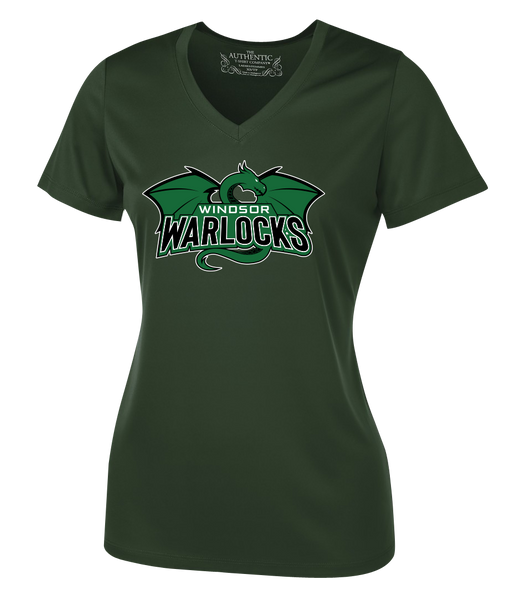 Warlocks Ladies V-Neck Tee with Printed Dragon Logo