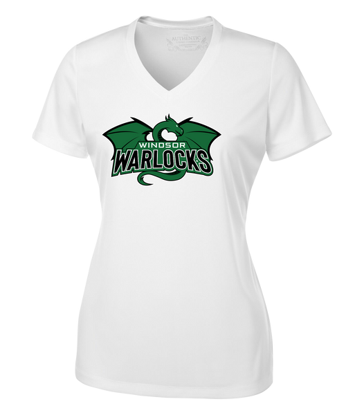 Warlocks Ladies V-Neck Tee with Printed Dragon Logo